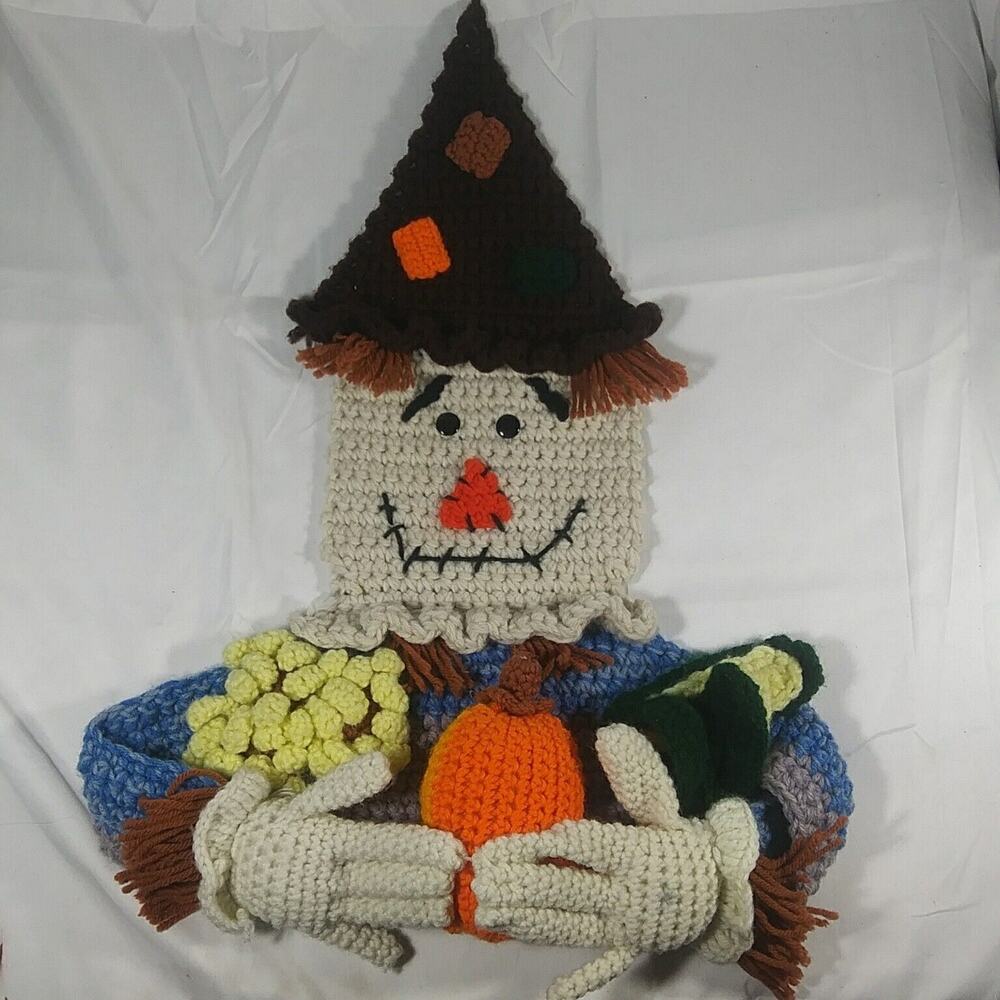 Handmade Crochet Scarecrow Door Wall Hanging Canvas One Of A Kind Art Unique 3D
